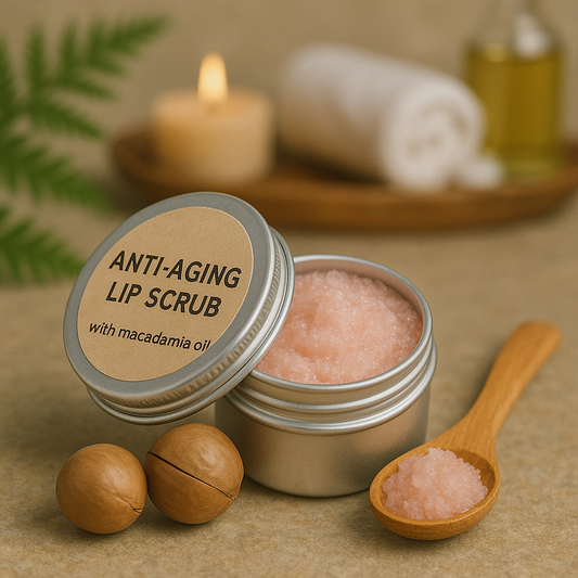 Anti-aging lip scrub in a metal container with a wooden spoon on a neutral background