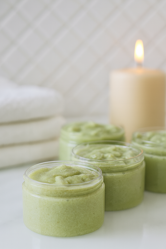 Green exfoliating foot scrub in jars with spa candle and rolled towels – natural skincare for soft, smooth feet.