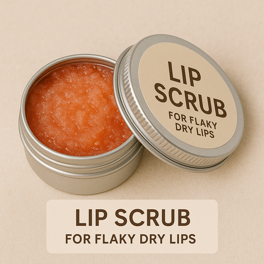 Tin of lip scrub for flaky dry lips with sugar crystal texture visible