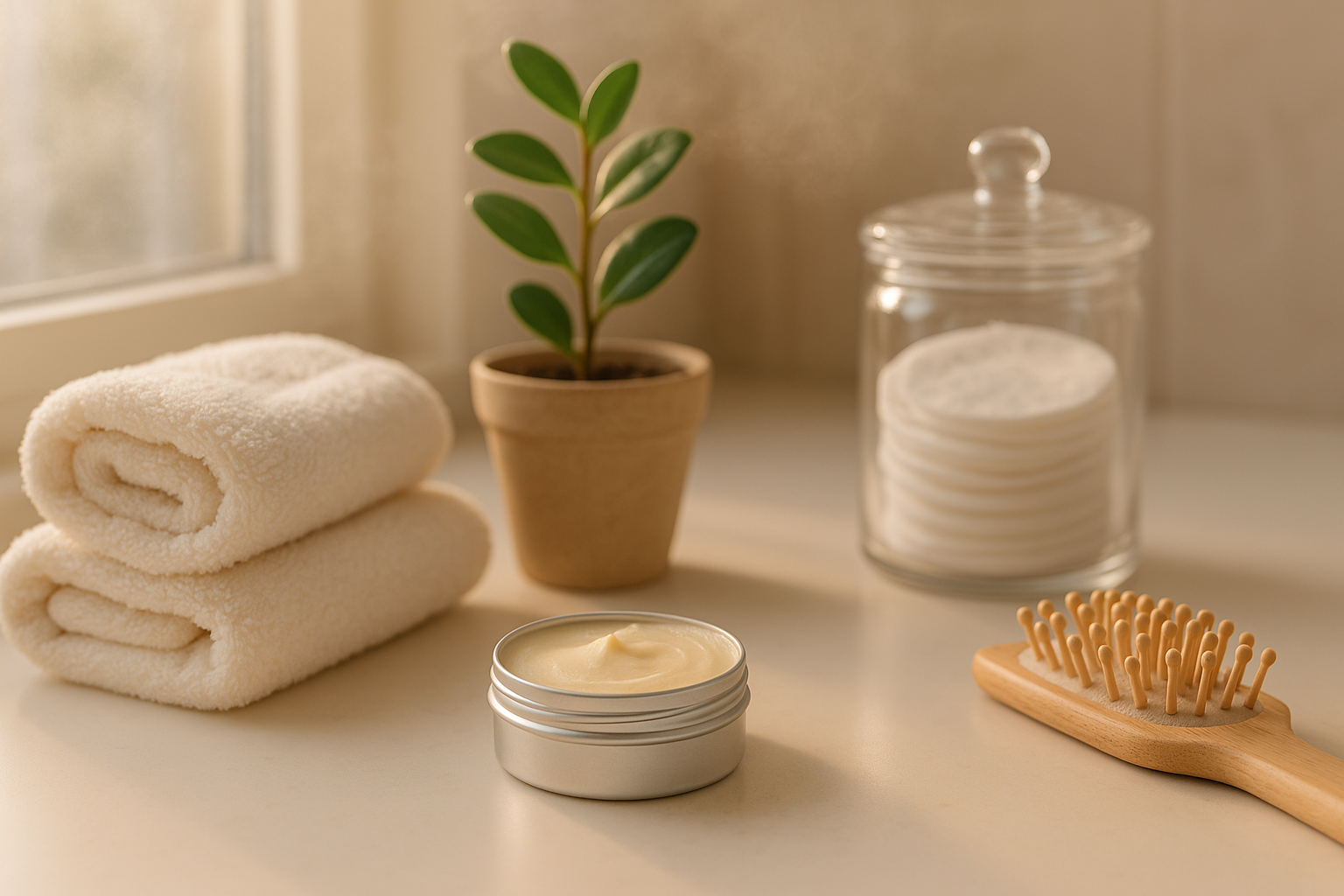 deodorant jar with cream, towel, plant, and hairbrush on a neutral background