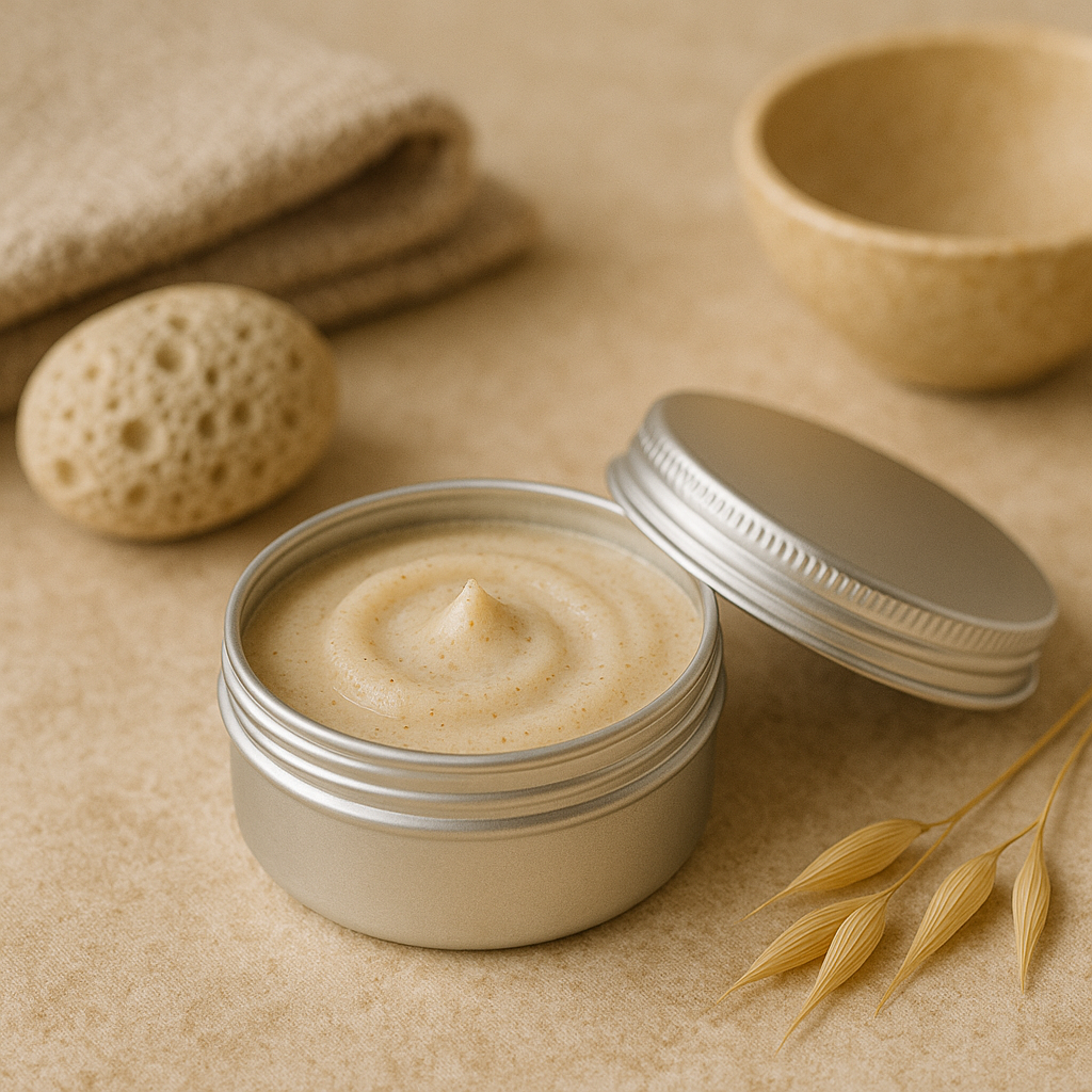 Open metal jar of cleansing balm on a beige surface with a towel, bowl, and natural elements.