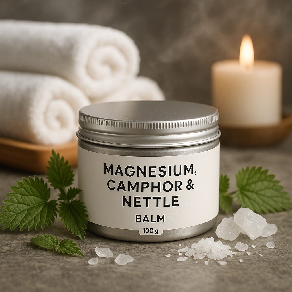 Balm container labeled 'Magnesium, Camphor & Nettle' with leaves and a candle in the background
