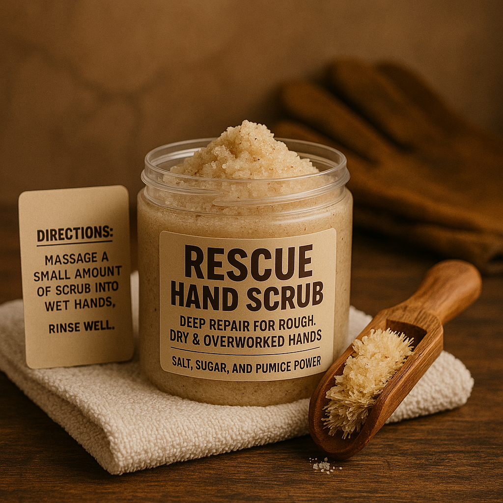 Open jar of hand scrub showing thick, grainy exfoliating texture