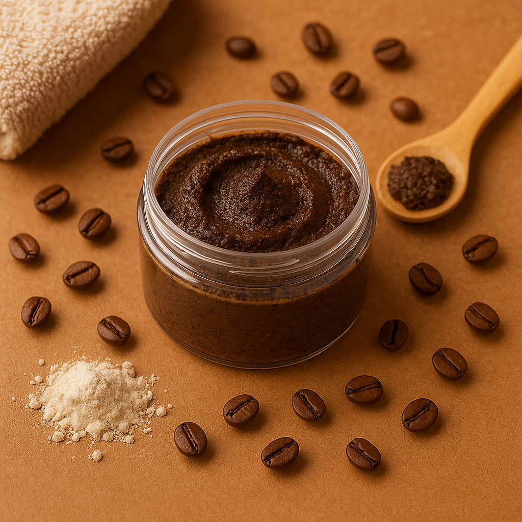 Open jar of Turkish Mocha Face Scrub on a patterned surface with a wooden spoon beside it.