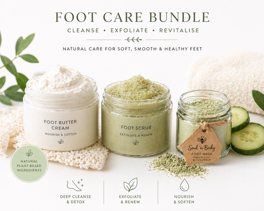 Foot care bundle with foot butter cream, scrub, and mask handmade by Soul n Body