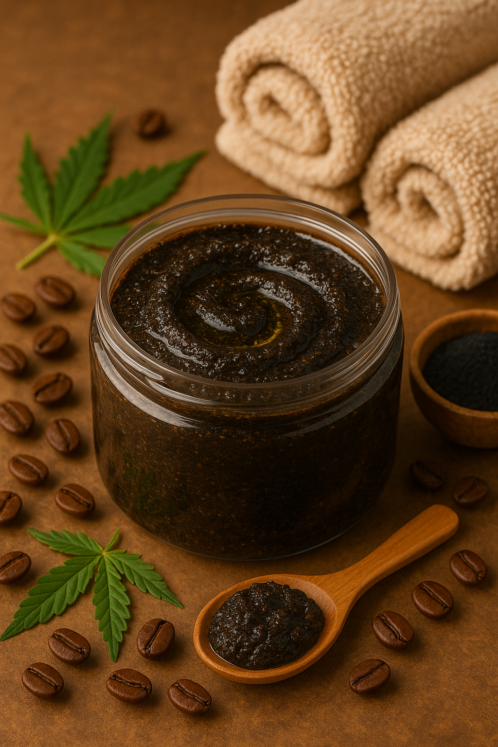 Close-up of charcoal and coffee scrub jar on a bathroom counter with candle and towels in the background.