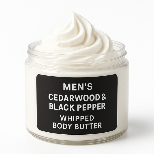 Jar of men's cedarwood & black pepper whipped body butter on a white background