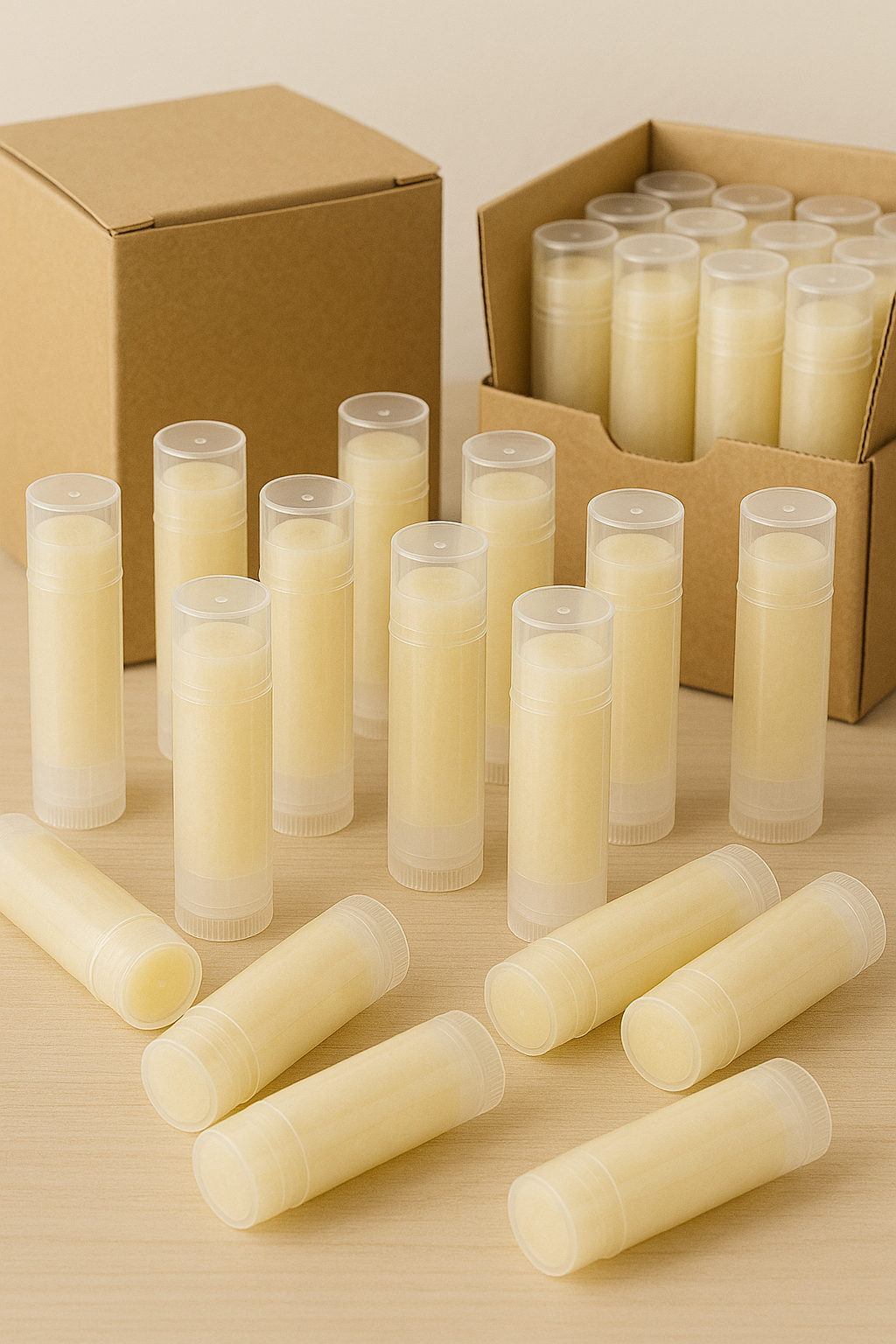 Bulk display of unlabeled natural lip balm tubes arranged on a wooden surface, with some standing upright and others lying down. Two cardboard boxes are shown—one closed and one open, containing more lip balm tubes