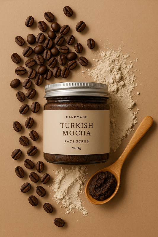 Jar of Turkish Mocha Face Scrub on a beige background with coffee beans, brown sugar, and a wooden spoon.