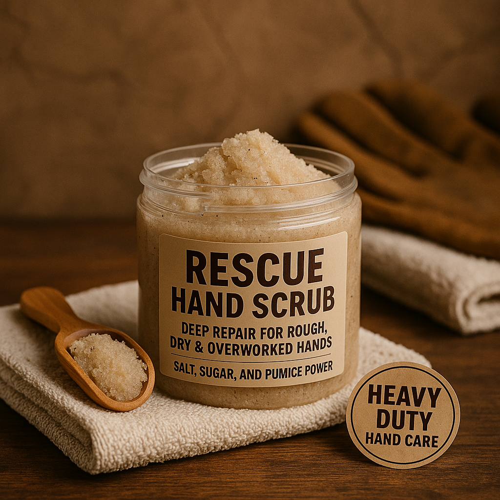 Rescue Hand Scrub with wooden spoon and natural ingredients display