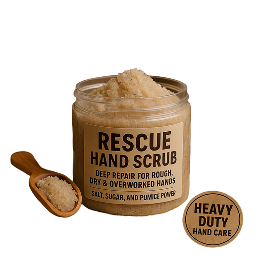 Rescue Hand Scrub with wooden spoon and natural ingredients display