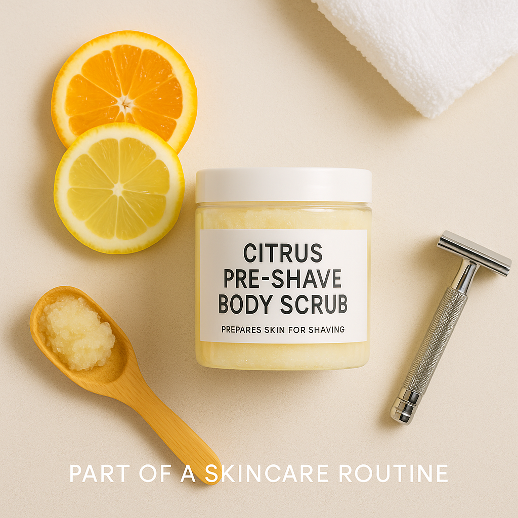 Citrus pre-shave body scrub with a spoonful of scrub, orange, lemon, and razor on a beige background.