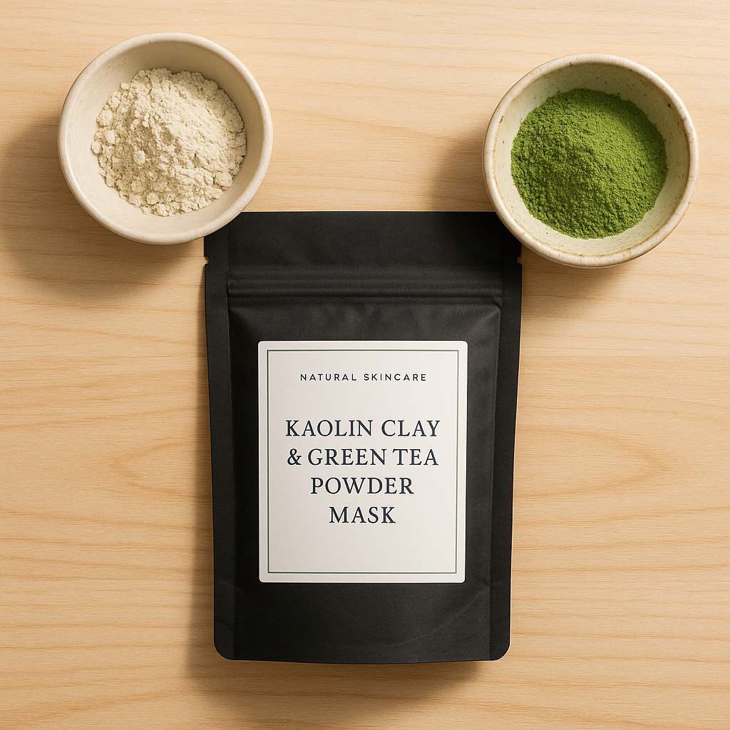 Kaolin clay and green tea powder mask with ingredients displayed in bowls.