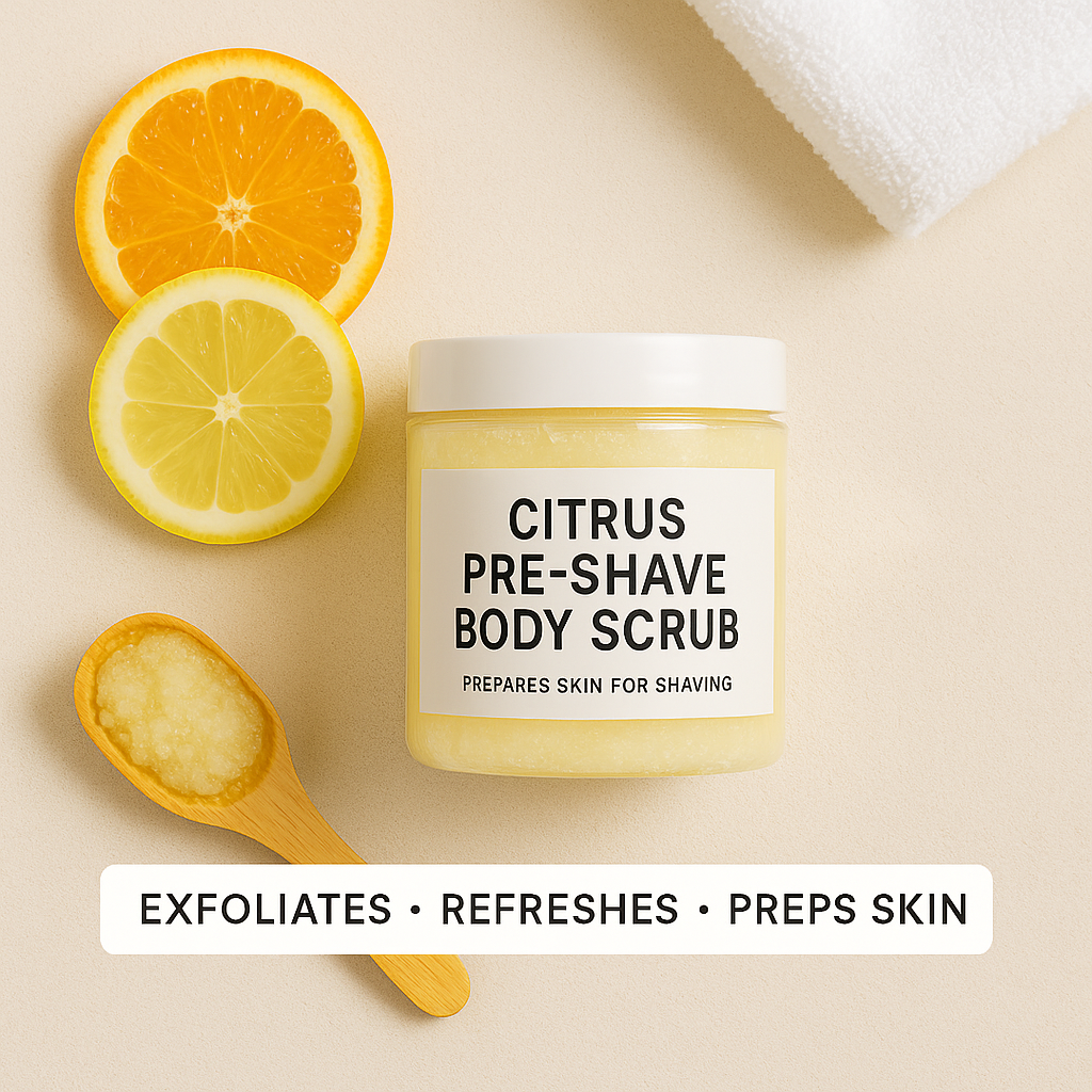 Jar of citrus pre-shave body scrub with lemons and a wooden spoon on a beige background