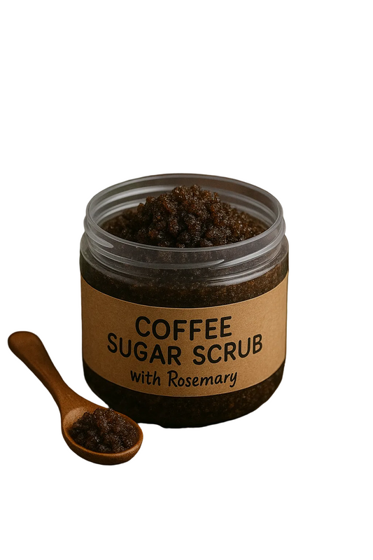 Jar of coffee sugar scrub with rosemary on a wooden surface with coffee beans and a dropper bottle.