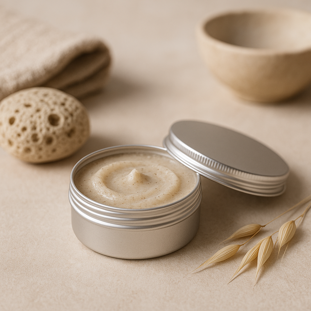 Metallic jar with cleansing balm on a beige surface with natural elements