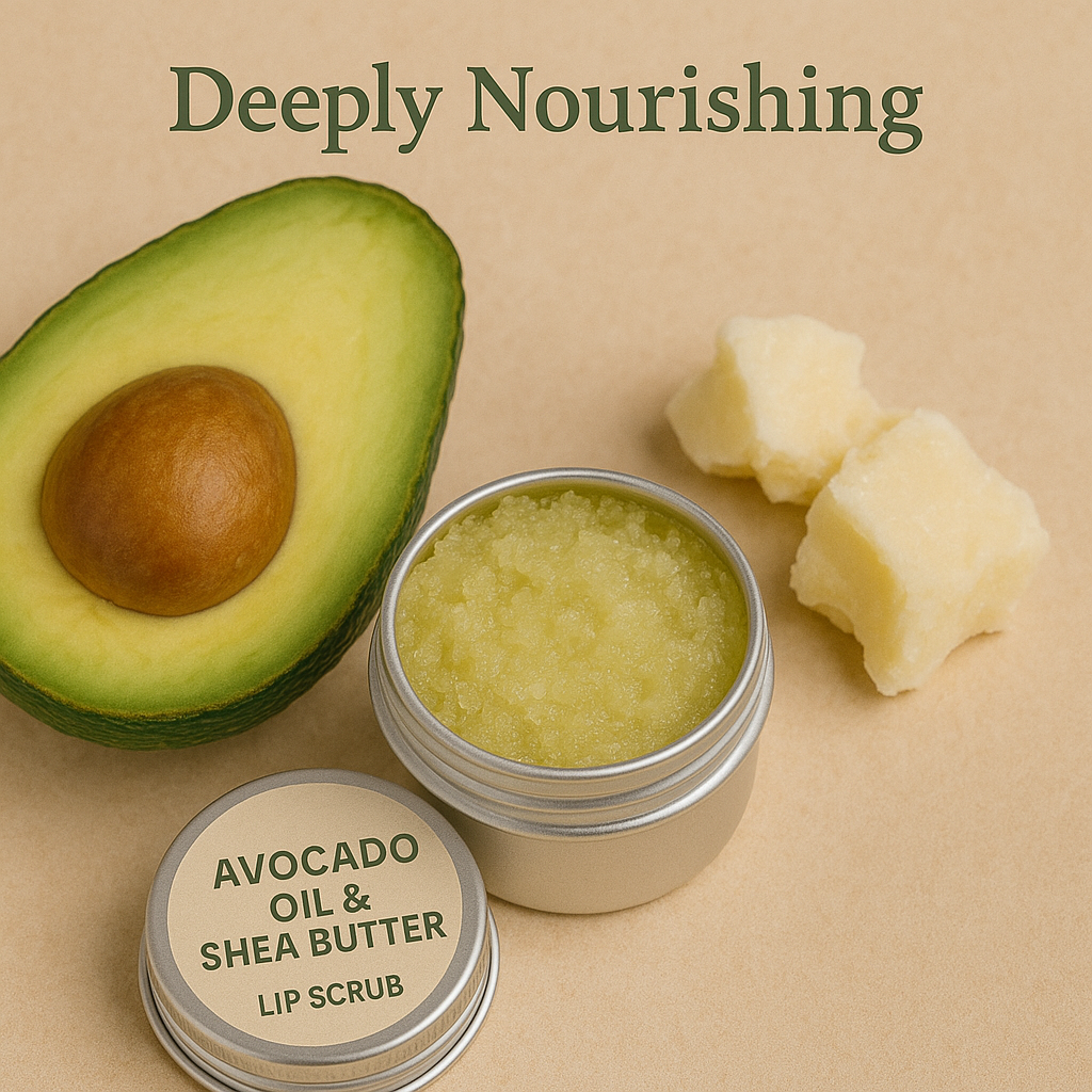 Avocado next to tin of natural lip scrub, showcasing nourishing ingredients