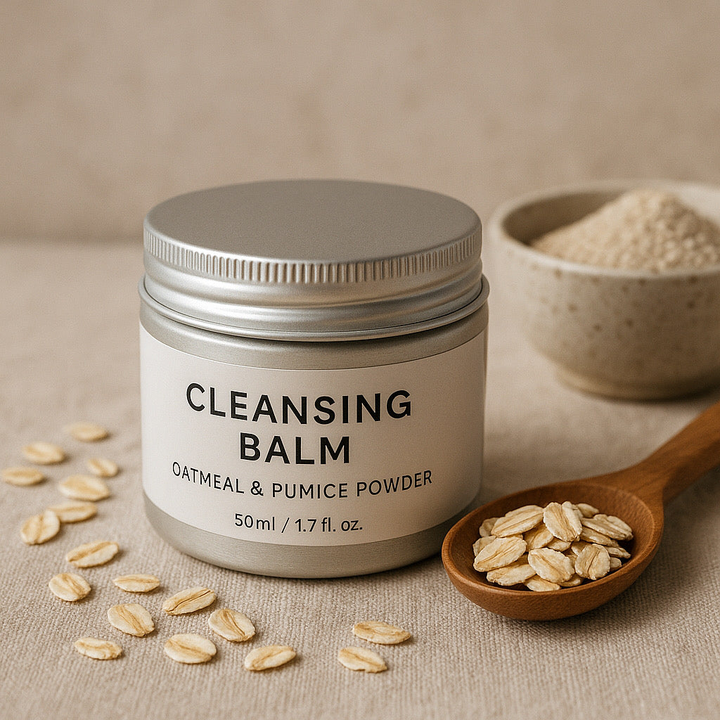 Cleansing balm jar with oats and pumice powder on a neutral background