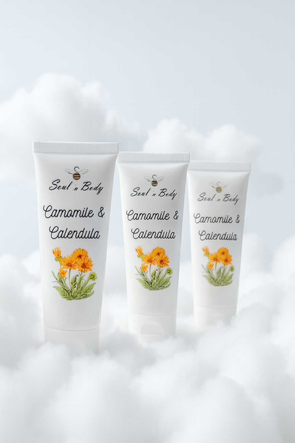 Three tubes of Camomile & Calendula from Soul n Body skincare product on a white background