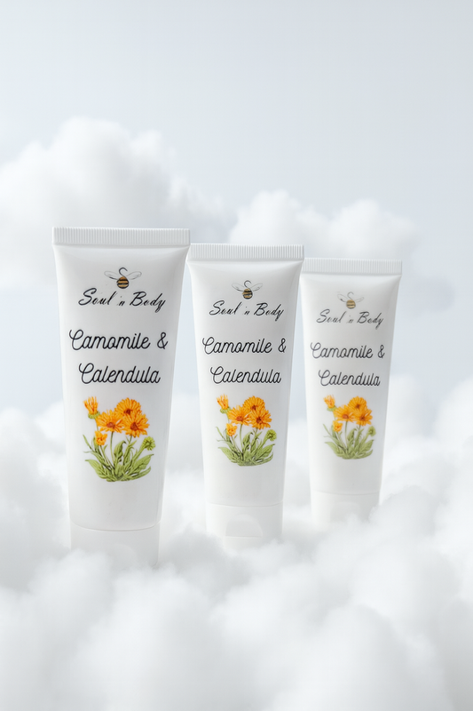 Three tubes of Camomile & Calendula from Soul n Body skincare product on a white background