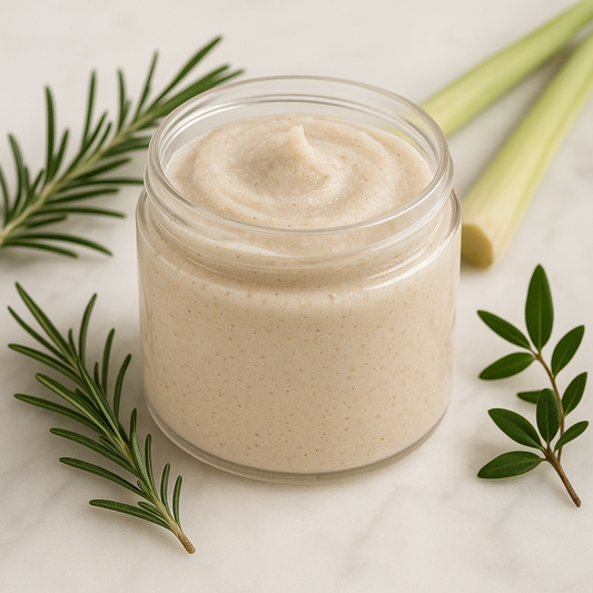 Close-up of gentle sugar face scrub in a jar with rosemary springs and lemongrass stalks on a white surface.