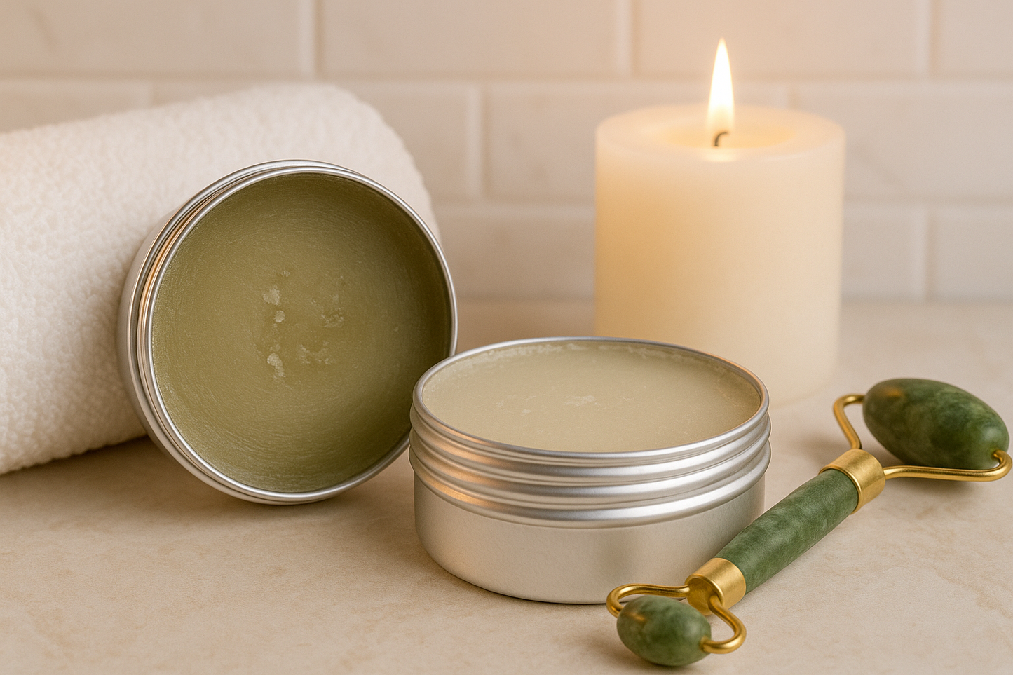 Open silver tin of natural cleansing balm placed beside a lit candle and jar, creating a calming spa-like skincare scene – organic face cleanser for radiant skin.