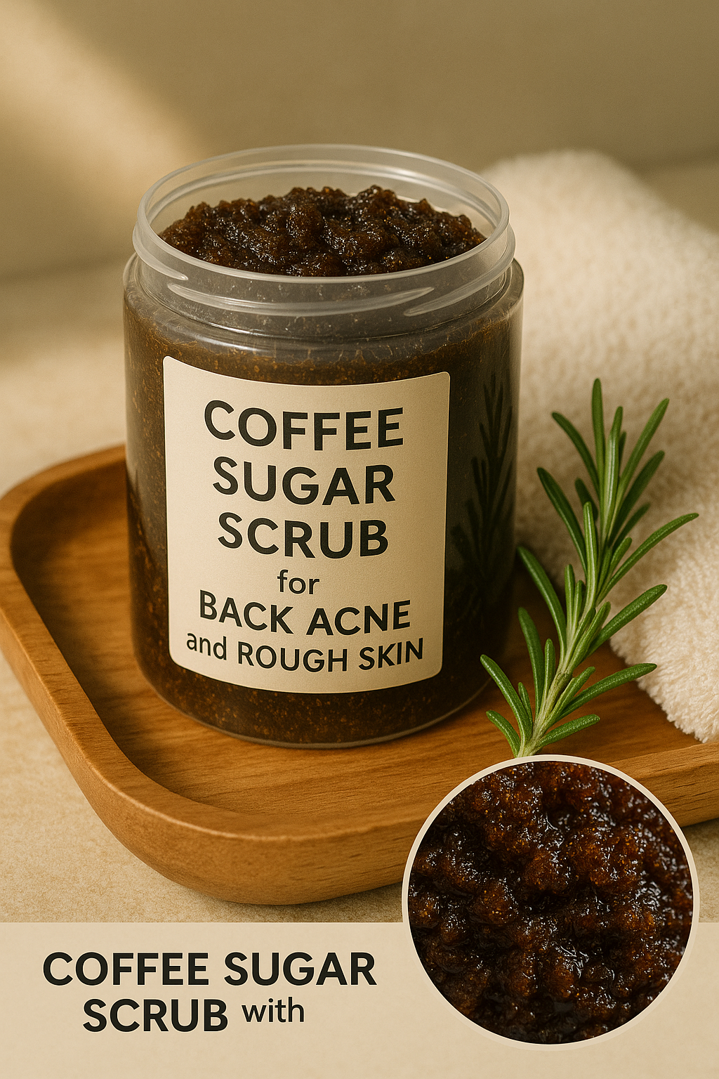 Jar of coffee sugar scrub for back acne and rough skin on a wooden tray with a towel and rosemary sprig.