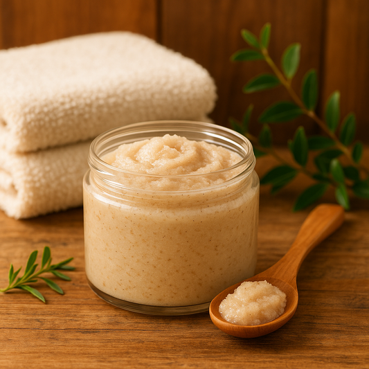 Open jar of gentle sugar face scrub with wooden spoon filled with scrub on a wooden surface, surrounded by rosemary springs