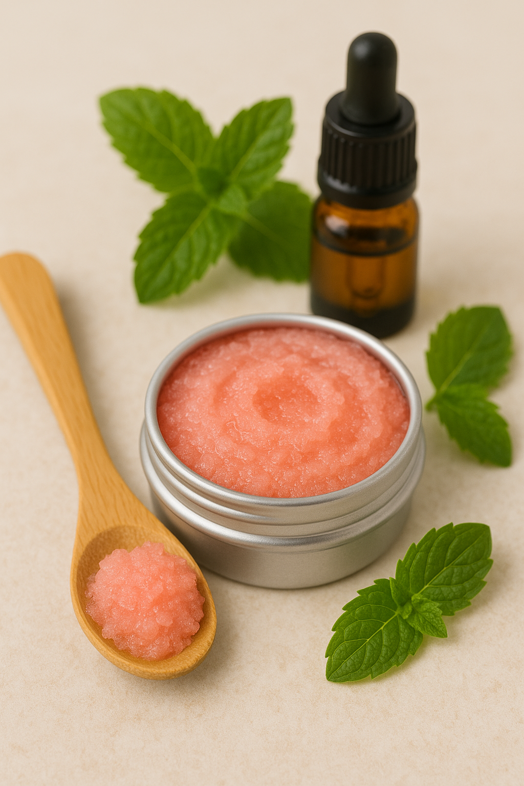 Pink lip balm in a tin with a wooden spoon, bottle, and mint leaves on a beige background