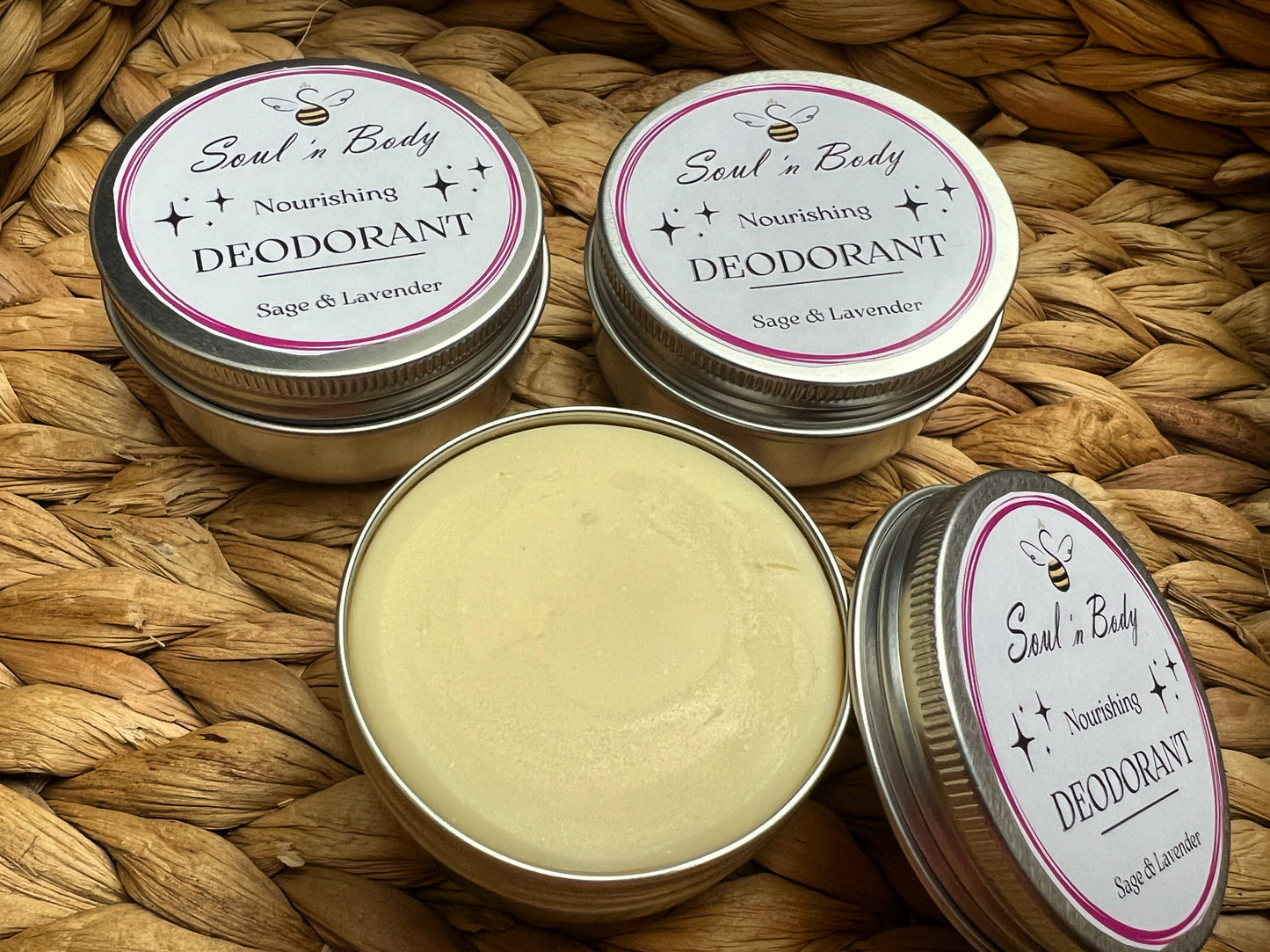Three tins of 'Soul n' Body' deodorant on a woven mat