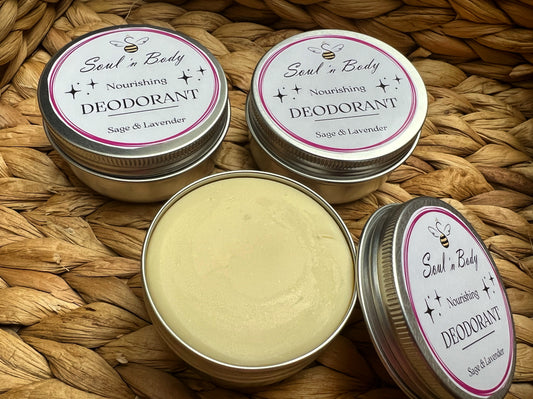 Three tins of 'Soul n' Body' deodorant on a woven mat