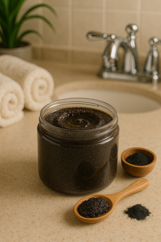Open jar of charcoal and coffee face scrub on a bathroom counter with towels and a wooden spoon filled with scrub.