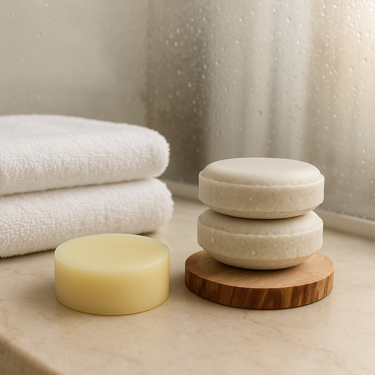 Handmade natural shampoo bar with essential oils, vegan and SLS-free hair care.