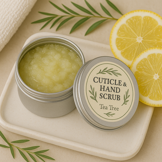 Cuticle and hand scrub in a tin with tea tree scent, surrounded by lemon slices and green leaves on a beige background.