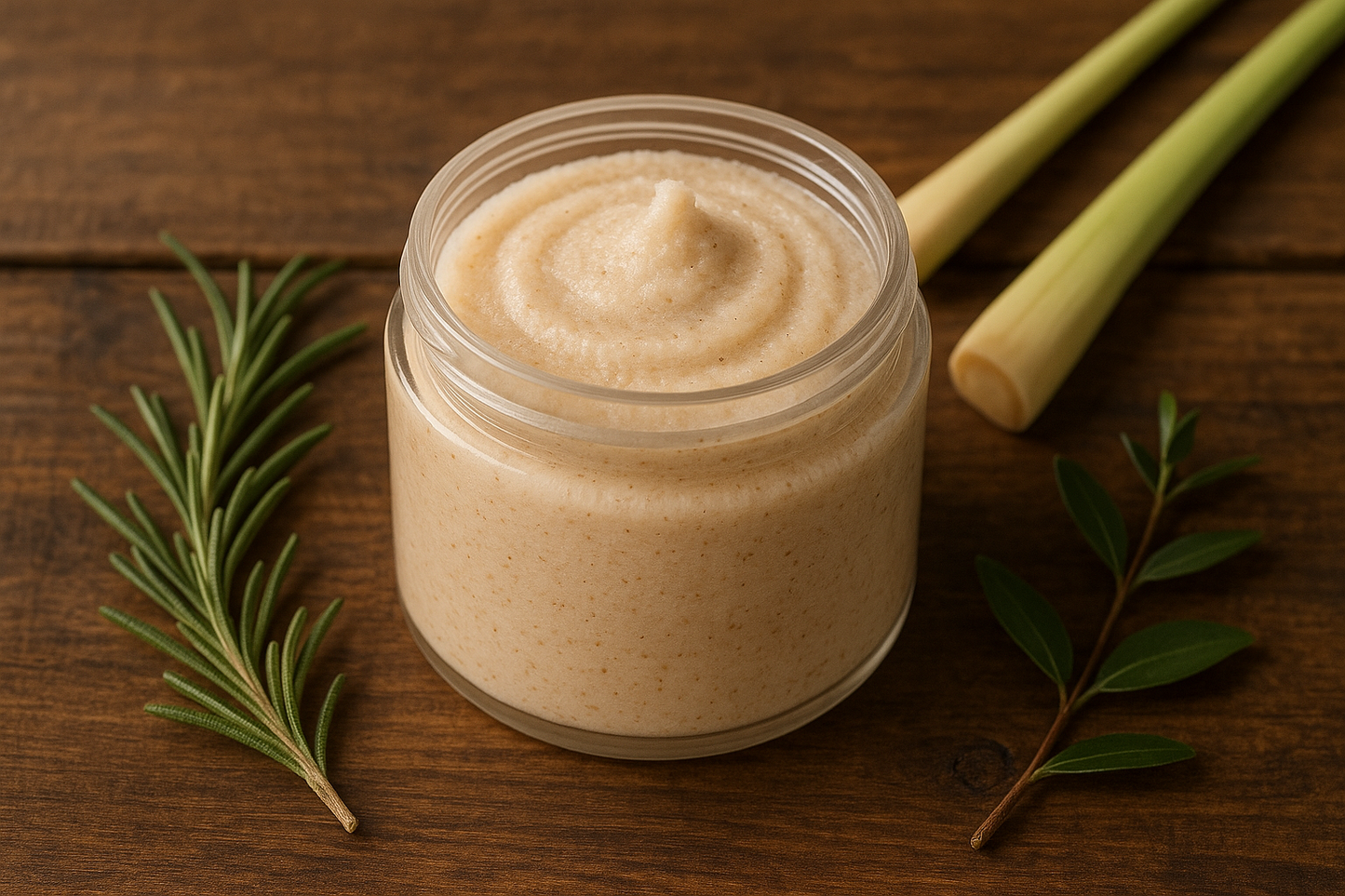 jar of gentle sugar face scrub on a dark wooden surface with lemongrass stalk beside it.