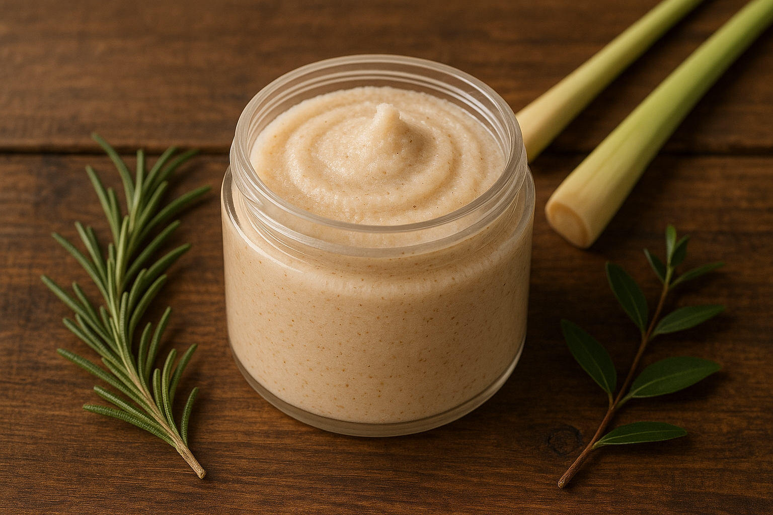 jar of gentle sugar face scrub on a dark wooden surface with lemongrass stalk beside it.