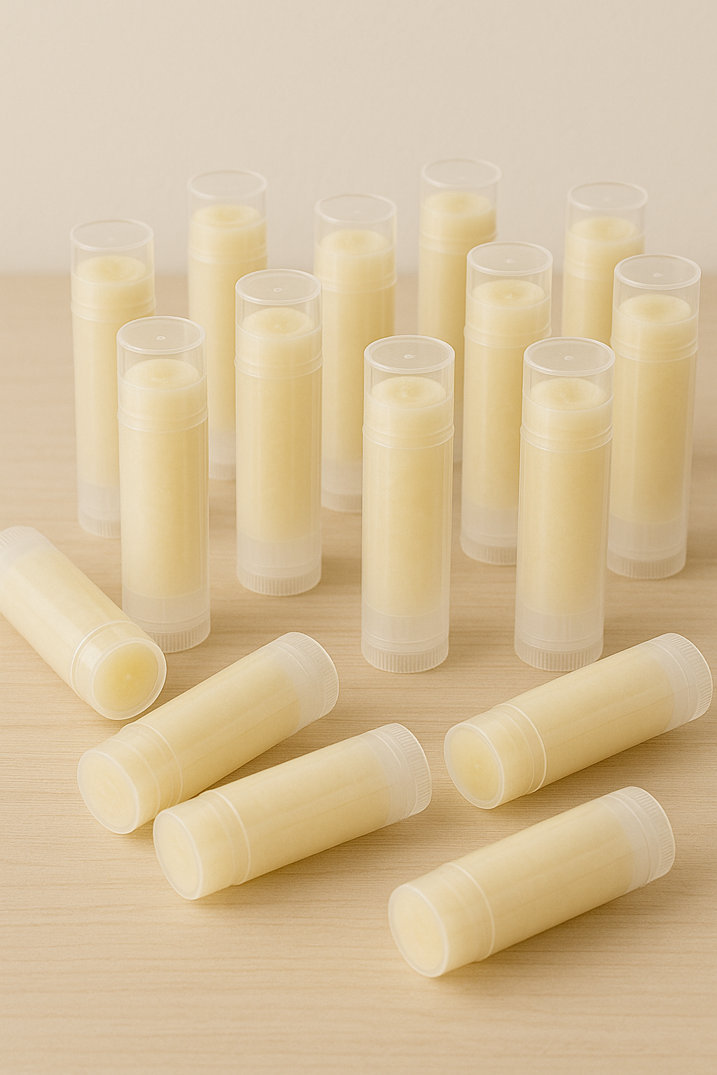 Group of unlabeled natural lip balm tubes arranged upright and lying flat on a light wooden surface. The clear tubes showcase a creamy yellow balm, neatly displayed in rows with soft, neutral lighting.