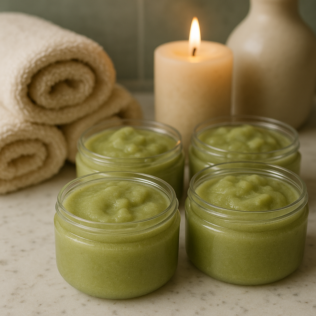 Handmade exfoliating foot scrub with Himalayan salt and pumice – moisturizing spa treatment in a jar.