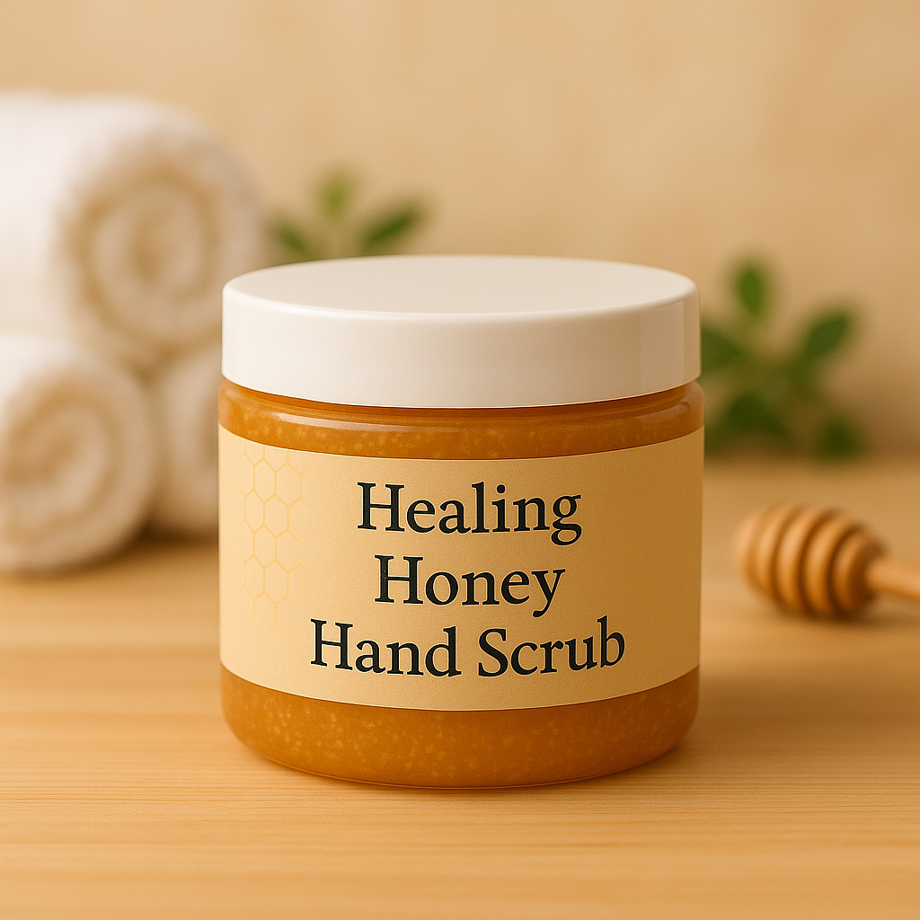 Jar of Healing Honey Hand Scrub on a wooden surface with a honey dipper and towels in the background