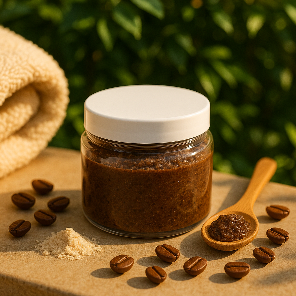 Jar of Turkish Mocha Face Scrub with coffee beans scattered around on a green leaf background.