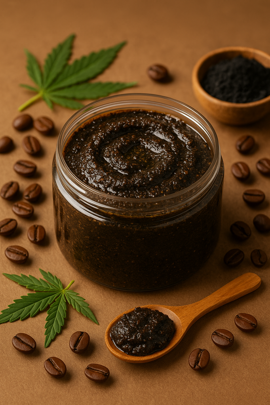 Charcoal and coffee scrub jar surrounded by coffee beans, hemp leaves, and wooden spoons filled with scrub.