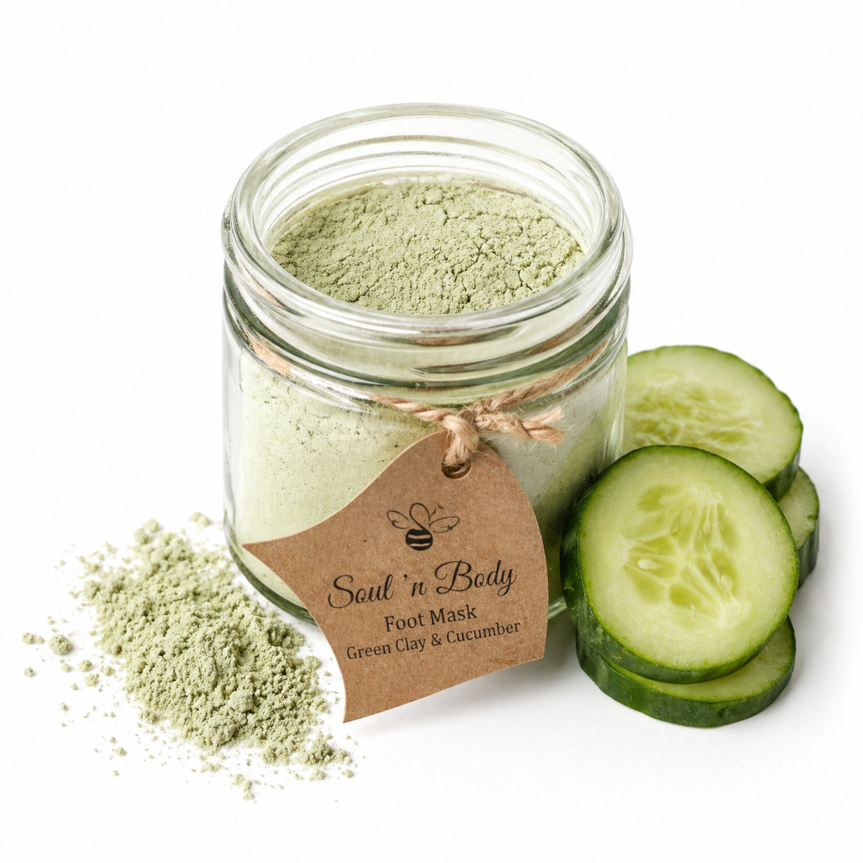 Jar of green clay foot mask with cucumber slices from Soul n Body