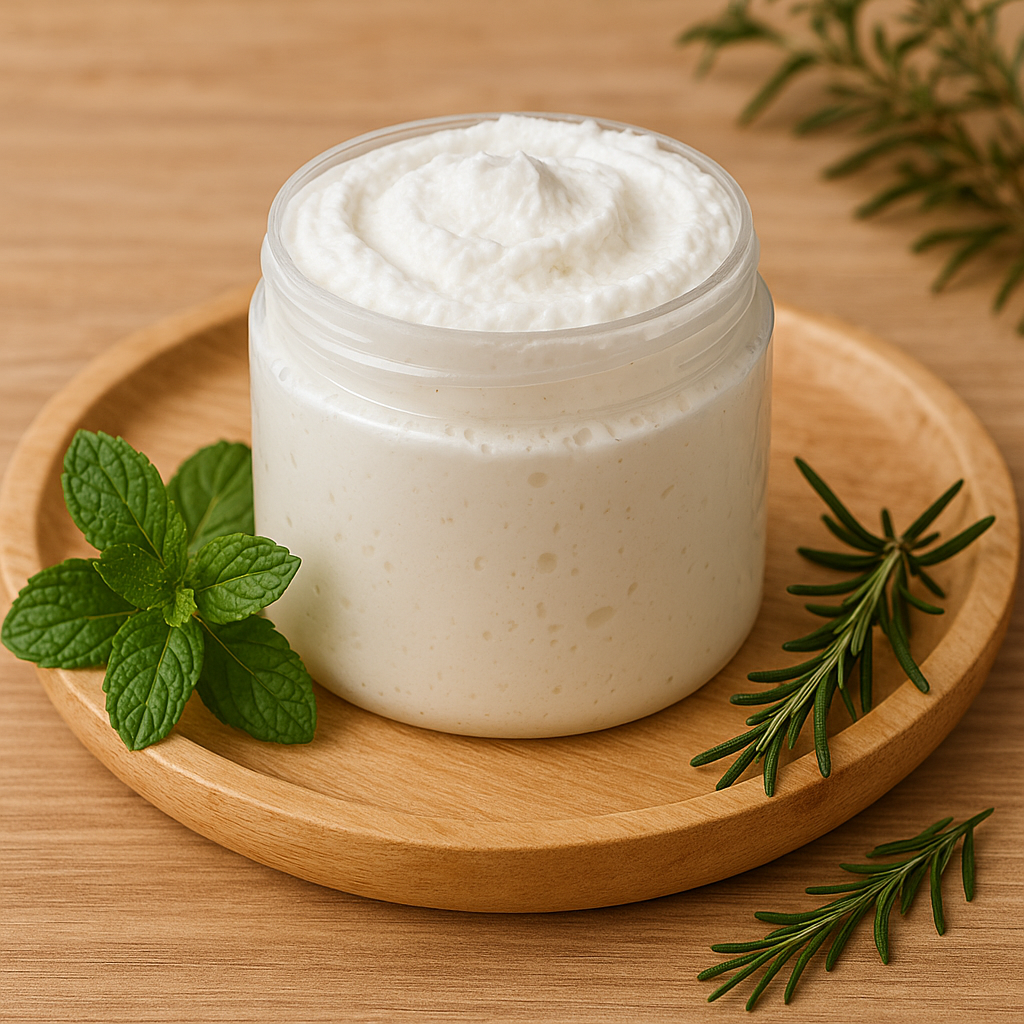 Whipped body butter in a clear jar on a wooden plate, decorated with fresh mint leaves and rosemary sprigs.
