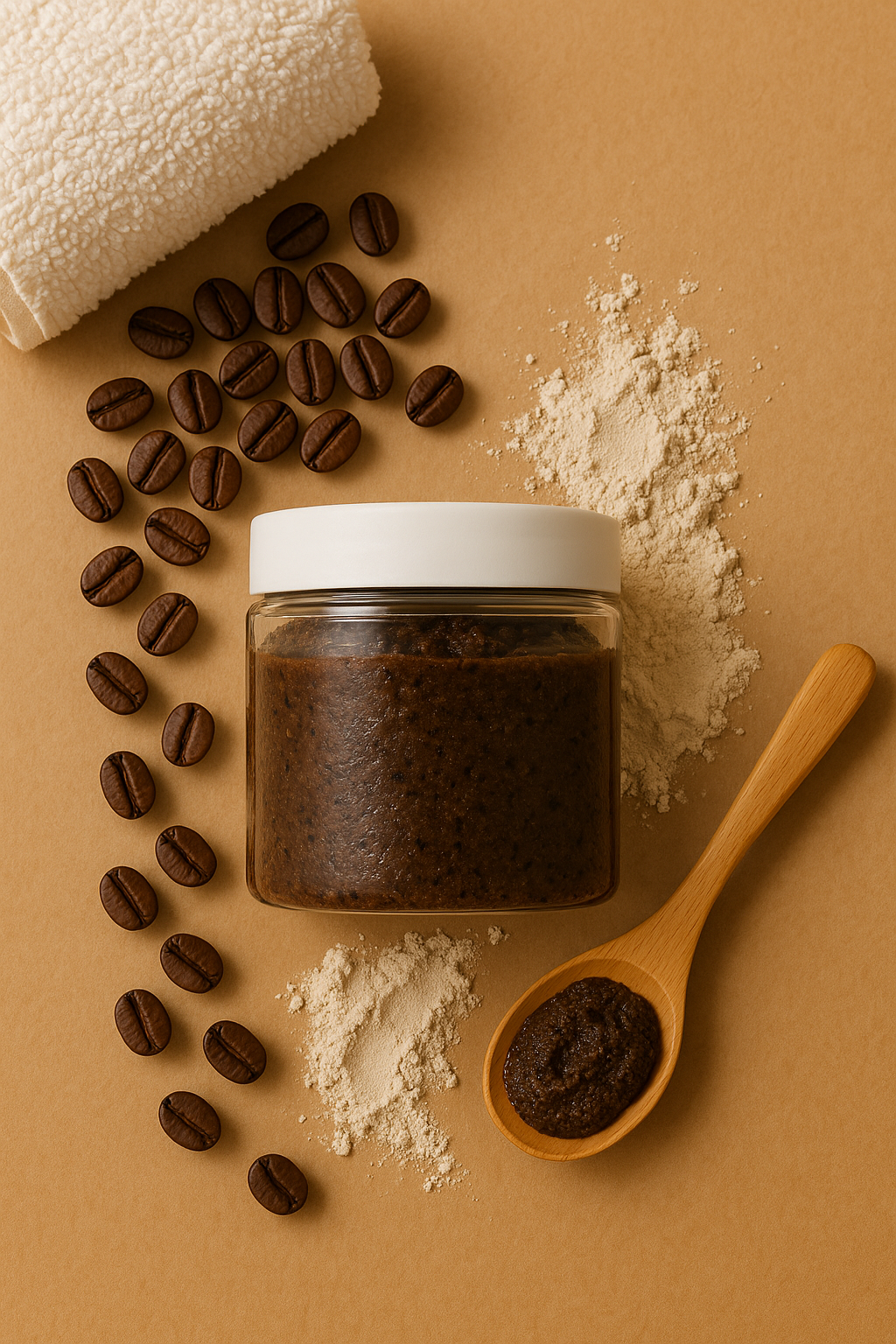 Closed jar of Turkish Mocha Face Scrub on a beige fabric with coffee beans and a wooden spoon.
