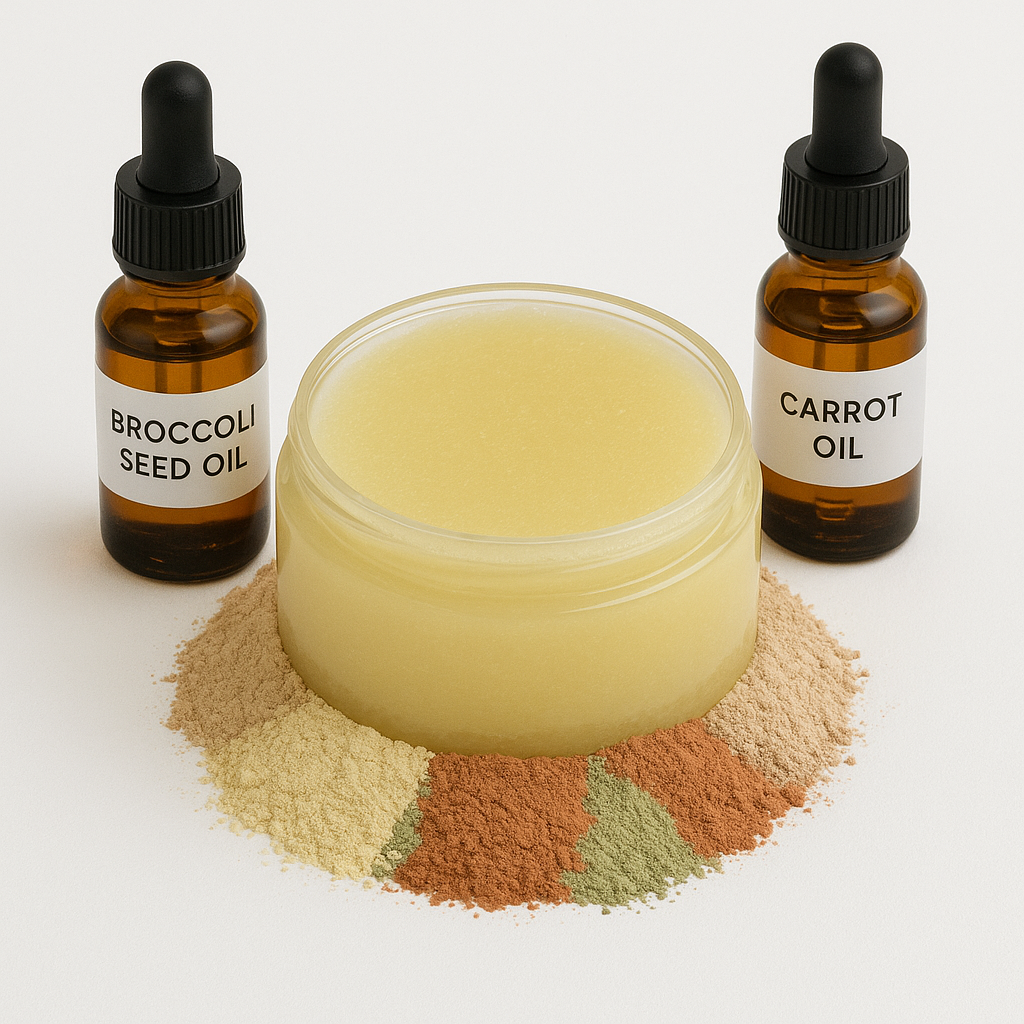 Cleansing balm with broccoli seed oil and carrot oil with different clays