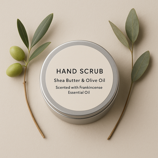 Eco-friendly aluminium jar of Rejuvenating Hand Scrub for mature skin with shea butter and olive oil