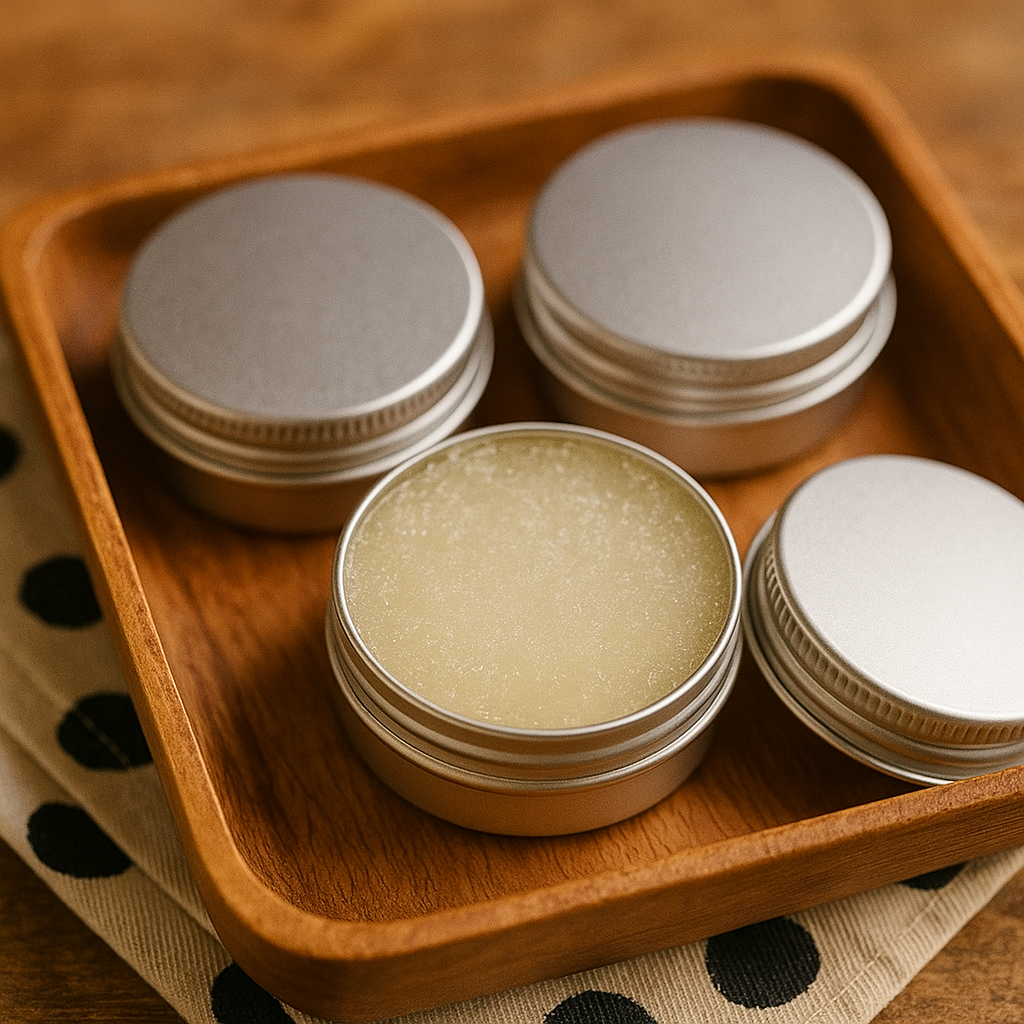 Jars of lip scrub on a wooden tray with a polka dot cloth underneath.