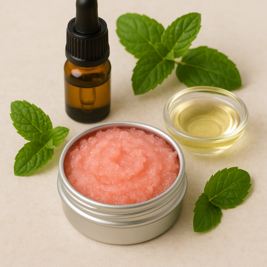 Pink lip balm in a metal container with a dropper bottle, small bowl of oil, and mint leaves on a light background