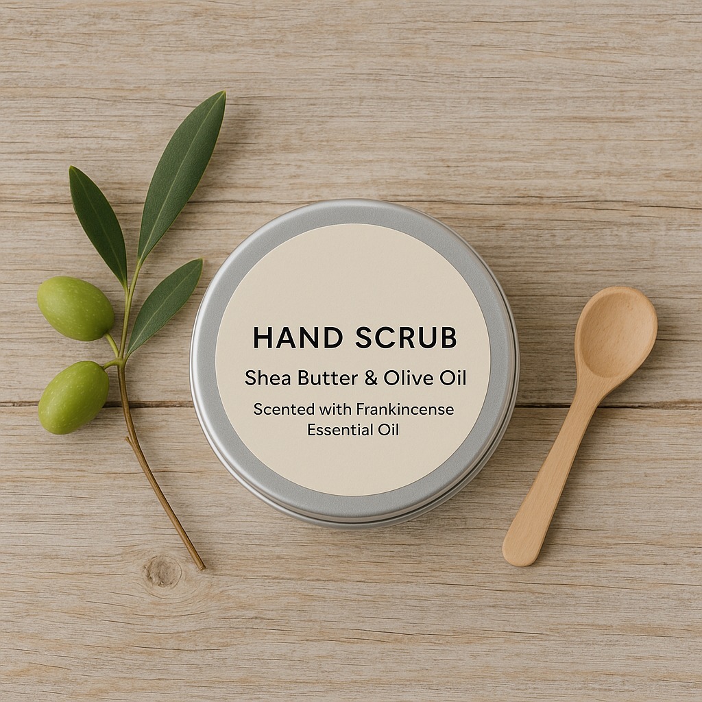 Hand scrub container with olive branch and wooden spoon on wooden surface