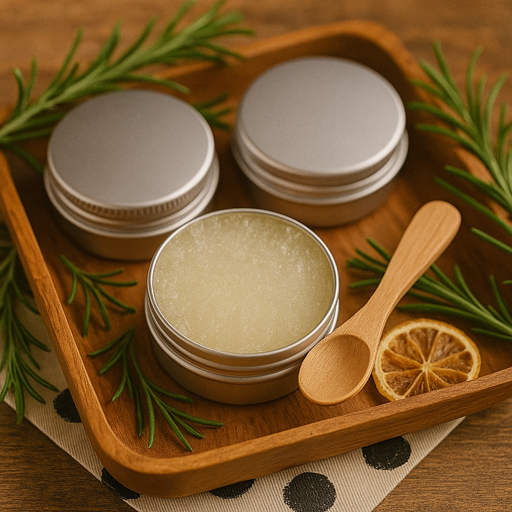 Close-up of three tins of lip scrub on a wooden tray with wooden spoons beside them.